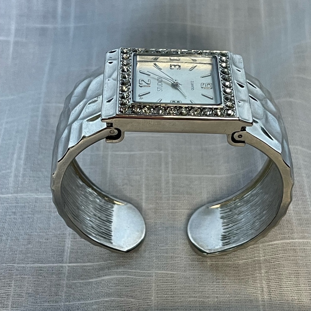 Silver Cuff Watch with Crystal Accents